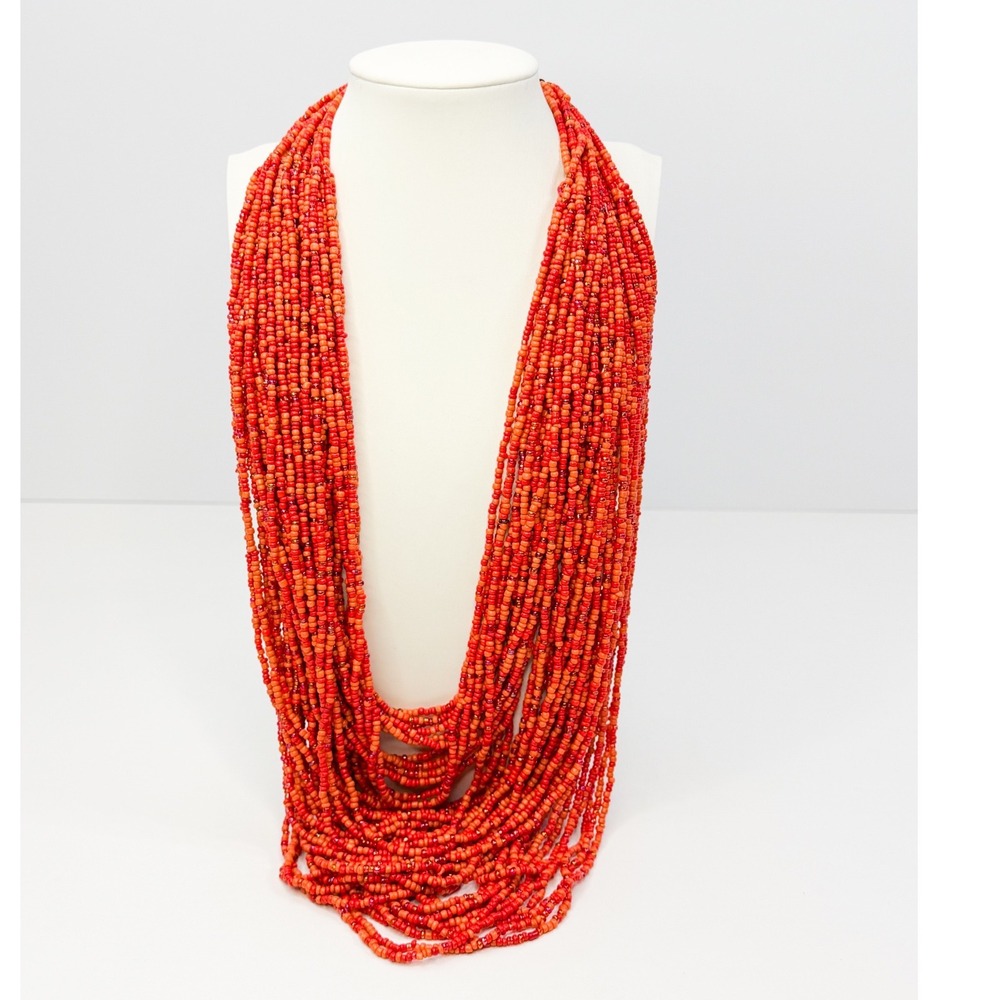 Coral Red Multi Strand Seed Bead Statement Necklace Boho Waterfall Bib‎ Tropical